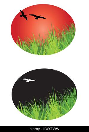 L'icône du paysage avec des oiseaux qui volent et façonné dans un design ovale Illustration de Vecteur