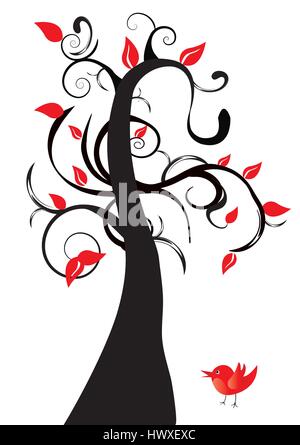 Arbre et feuilles rouges et un petit oiseau rouge Illustration de Vecteur