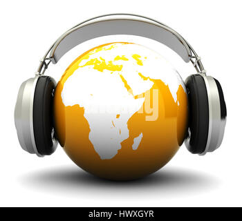 Abstract 3d illustration du globe de la terre et des écouteurs, concept de musique du monde Banque D'Images