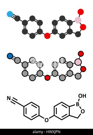 Crisaborole Phosophodiesterase (molécule du médicament de l'eczéma de l'inhibiteur-4). Formule topologique classique et représentations stylisées. Illustration de Vecteur