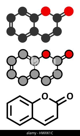 Molécule parfumée aux herbes de la coumarine. Responsable de l'odeur du foin fauché à nouveau. Les rendus 2D stylisée et conventionnelle formule topologique. Illustration de Vecteur