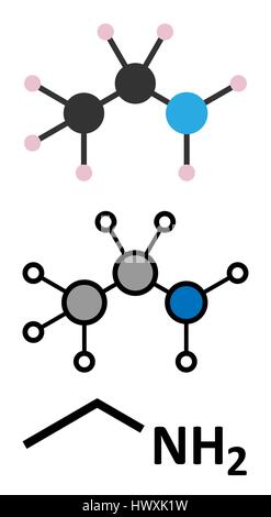 L'éthylamine molécule de base organique. Les rendus 2D stylisée et conventionnelle formule topologique. Illustration de Vecteur