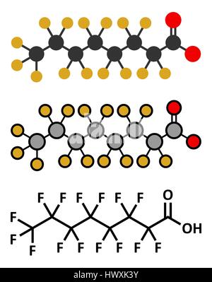 L'acide perfluorooctanoïque (APFO) Polluant cancérogène perfluorooctanoate, molécule. Les rendus 2D stylisée et conventionnelle formule topologique. Illustration de Vecteur