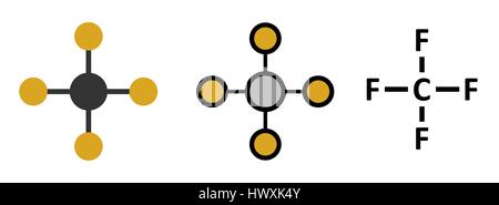 Le tétrafluorure de carbone tétrafluorométhane (CF4), molécule de gaz à effet de serre. Les rendus 2D stylisée et conventionnelle formule topologique. Illustration de Vecteur