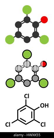 Trichlorophénol (TCP, 2,4,6-trichlorophénol) molécule. Les rendus 2D stylisée et conventionnelle formule topologique. Illustration de Vecteur
