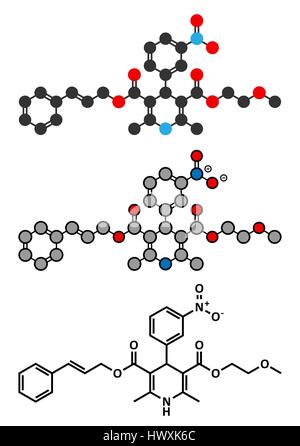 Cilnidipine molécule pharmaceutique de l'hypertension. Les rendus 2D stylisée et conventionnelle formule topologique. Illustration de Vecteur