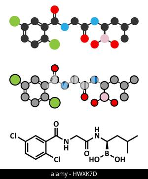 Ixazomib myélome multiple molécule pharmaceutique. Les rendus 2D stylisée et conventionnelle formule topologique. Illustration de Vecteur