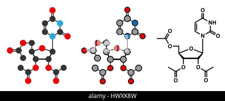 Triacétate uridine molécule pharmaceutique. Utilisé comme antidote à traiter les surdoses de chimiothérapie. Les rendus 2D stylisée et conventionnelle formule topologique. Illustration de Vecteur