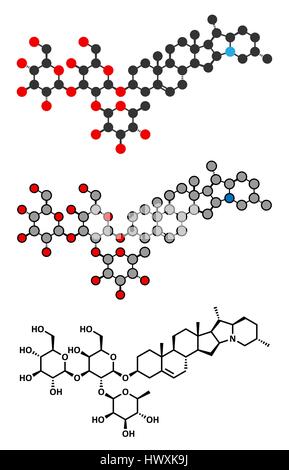 La solanine poison morelle molécule. Présents dans les pommes de terre, en particulier dans les parties vertes. Les rendus 2D stylisée et conventionnelle formule topologique. Illustration de Vecteur