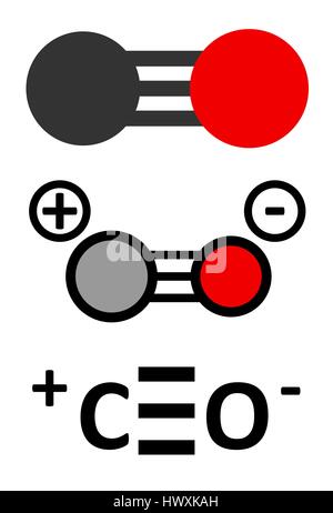 Le monoxyde de carbone (CO) Gaz toxique molécule. L'empoisonnement au monoxyde de carbone se produit fréquemment à cause d'un mauvais fonctionnement des appareils à combustion accueil. R 2D stylisée Illustration de Vecteur