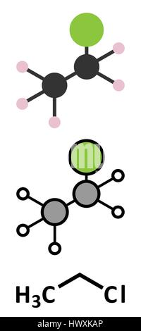 Chloroéthane (chlorure d'éthyle) molécule d'anesthésique local. Les rendus 2D stylisée et conventionnelle formule topologique. Illustration de Vecteur