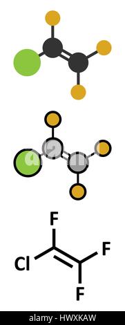 Chlorotrifluoroethylene (CTFE) molécule de réfrigérant et de construction en plastique polychlorotrifluoroéthylène bloc. Les rendus 2D stylisée et classiques sk Illustration de Vecteur