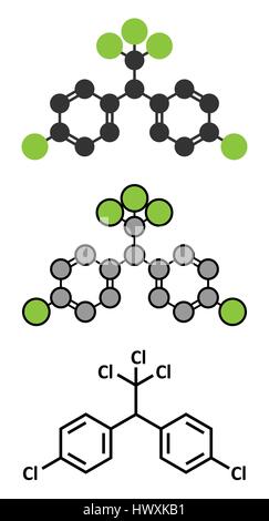 Le DDT (dichlorodiphényltrichloroéthane) molécule. Pesticide controversé, utilisé dans l'agriculture et de la lutte contre le paludisme la lutte contre les vecteurs de maladies. 2D stylisée rende Illustration de Vecteur