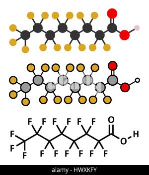 L'acide perfluorooctanoïque (APFO, C8). Important et persistant des rejets. Les rendus 2D stylisée et conventionnelle formule topologique. Illustration de Vecteur