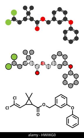 La perméthrine insecticide pyréthrinoïde. Utilisé pour traiter la gale et les poux de la tête chez l'homme. Utilisés pour imprégner les moustiquaires et aux puces de colliers pour chiens. Stylets de Illustration de Vecteur