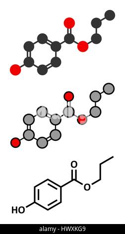 Le Propyl paraben conservation molécule. Utilisé dans l'alimentation et les cosmétiques. Les rendus 2D stylisée et conventionnelle formule topologique. Illustration de Vecteur