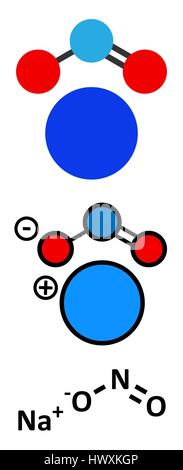 Le nitrite de sodium (NaNO2). Les sels de nitrite sont utilisés dans le traitement de la viande. Les rendus 2D stylisée et conventionnelle formule topologique. Illustration de Vecteur