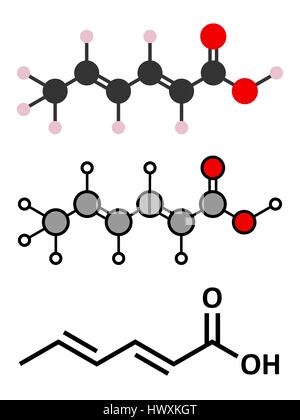 L'acide sorbique molécule conservation alimentaire. (Sorbate de potassium, sodium, calcium) également utilisée pour le même but. Les rendus 2D stylisée et skele classiques Illustration de Vecteur