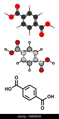 L'acide téréphtalique, polyester (PET, polyéthylène téréphtalate) bloc de construction en plastique. Les rendus 2D stylisée et conventionnelle formule topologique. Illustration de Vecteur