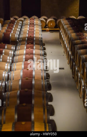 Rangées de tonneaux de vin en cave de vinification Banque D'Images