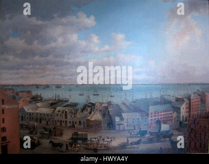 '1853 View of Boston Harbor' de John White Allen Scott capture une scène historique du port de Boston au milieu du XIXe siècle. La peinture représente le port animé avec ses navires et le paysage urbain environnant, offrant un aperçu de l'histoire maritime de Boston. Banque D'Images