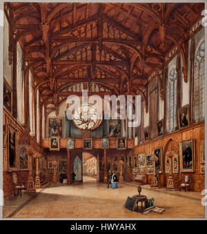 Cette aquarelle de 1842 représente la salle gothique, un exemple d'illustration architecturale du XIXe siècle. La peinture met en valeur les détails complexes de l'architecture gothique, capturant la grandeur et le style de l'époque. Banque D'Images