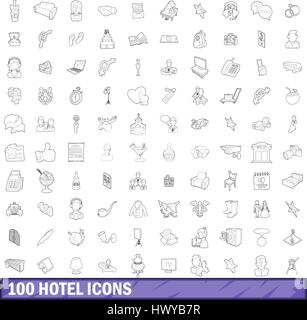 100 hotel icons set style du contour, Illustration de Vecteur