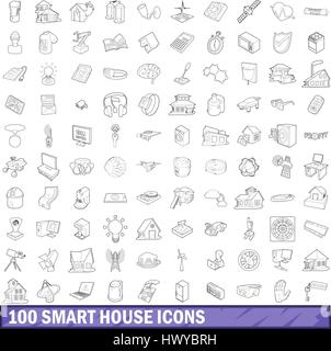 100 smart house icons set style du contour, Illustration de Vecteur