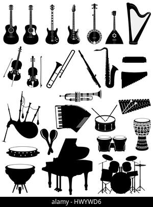 Set instruments de musique icônes silhouette noire stock contour vector illustration isolé sur fond blanc Illustration de Vecteur