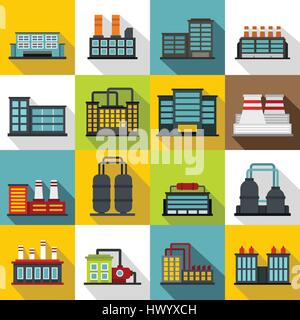 Bâtiment industriel, usine icons set style plat Illustration de Vecteur