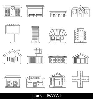 Les éléments de l'infrastructure de la ville, style contour icons set Illustration de Vecteur