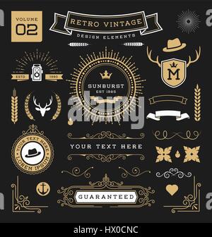 Ensemble d'éléments de conception graphique vintage rétro. Signe, étiquettes d'image, rubans, logos, symboles de la Couronne, s'épanouir et d'ornements. Vector illustration Illustration de Vecteur