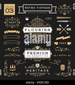 Ensemble d'éléments de conception graphique vintage rétro. Signe, étiquettes d'image, rubans, logos, symboles de la Couronne, s'épanouit et ligne d'ornements. Vector illustration Illustration de Vecteur