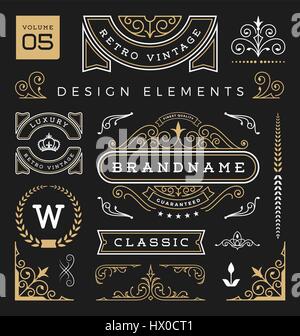 Ensemble d'éléments de conception graphique vintage rétro. Signe, étiquettes d'image, rubans, logos, symboles de la Couronne, s'épanouit et ligne d'ornements. Vector illustration Illustration de Vecteur