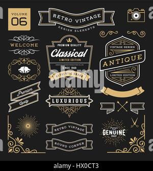 Ensemble d'éléments de conception graphique vintage rétro. Signe, étiquettes d'image, rubans, logos, symboles, couronnes, s'épanouit et ornements. Vector illust Illustration de Vecteur