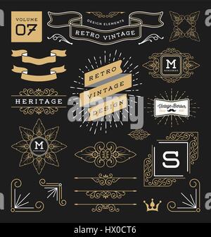 Ensemble d'éléments de conception graphique vintage rétro. Signe, étiquettes d'image, rubans, logos, symboles, couronnes, s'épanouit et ornements. Vector illust Illustration de Vecteur