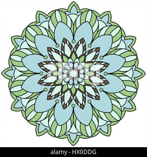 Mandala illustration en bleu et vert. Dessin de ligne de couleur Banque D'Images