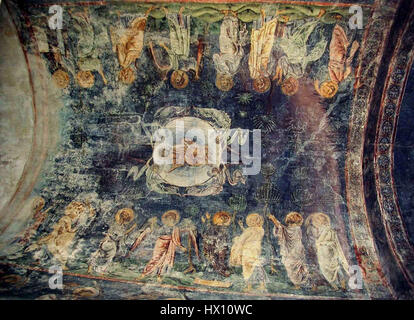 Les fresques de l'église Sophia d'Ohrid sont quelques-uns des plus beaux exemples de religieux byzantins L'église, située en Macédoine du Nord, abrite de superbes représentations de saints et des scènes bibliques du XIe siècle. Banque D'Images