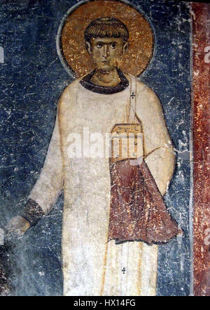 Ces fresques de l'église Sophia d'Ohrid, Macédoine du Nord, sont des exemples significatifs de religieux byzantins Ils représentent des scènes de la Bible et offrent un aperçu des traditions spirituelles et artistiques de la région au XIe siècle. Banque D'Images