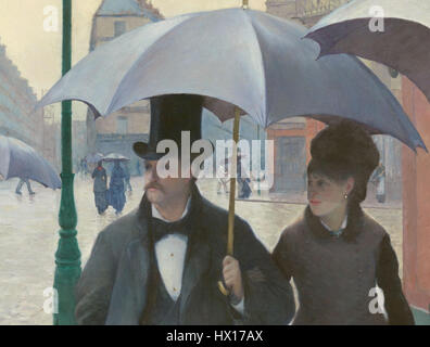 « Paris Street ; Rainy Day » de Gustave Caillebotte capture un moment de la vie urbaine à Paris avec des gens marchant sous des parapluies pendant une tempête de pluie. La représentation détaillée des rues humides et des reflets illustre la maîtrise de la perspective et du mouvement du réalisme par Caillebotte, en se concentrant sur l'interaction entre les figures et l'environnement. Banque D'Images