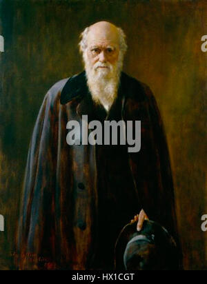 Ce portrait de Charles Darwin réalisé en 1883 par John collier capture le naturaliste renommé de ses dernières années, mettant en valeur ses traits faciaux distinctifs et son expression réfléchie. La peinture reflète l'importance de Darwin dans le développement de la théorie évolutionniste. Banque D'Images
