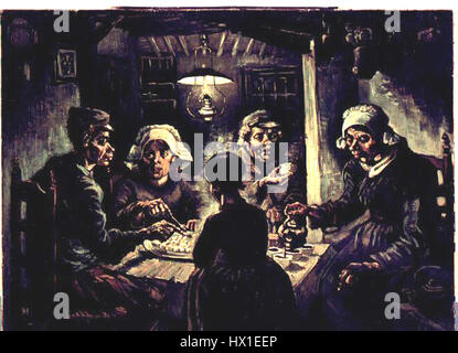'Comedores de batatas' (mangeurs de patates douces) de Vincent van Gogh dépeint une scène rurale de gens mangeant des patates douces, mettant l'accent sur la simplicité de la vie. Cette pièce reflète l’intérêt de van Gogh à décrire les luttes des paysans et leur lien avec la terre. Les tons terreux et le brossage audacieux illustrent son style distinctif au cours de sa période post-impressionniste. Banque D'Images