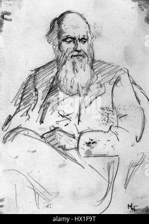 Ce croquis de 1878 de Marion collier représente Charles Darwin, naturaliste et biologiste de renom. Le dessin met en évidence l'expression contemplative de Darwin, reflétant son engagement profond avec les idées scientifiques qui ont façonné la théorie de l'évolution. Banque D'Images