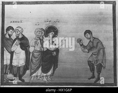 La 'guérison de l'homme avec la main fanée' du Codex Egberti est un manuscrit enluminé qui représente une scène biblique du Christ guérissant un homme le jour du sabbat. Le manuscrit est un excellent exemple de l'art carolingien du IXe siècle. Banque D'Images