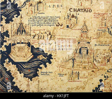 La carte Fra Mauro, créée vers 1450, est l'une des cartes du monde médiévales les plus importantes. C'est une carte circulaire qui montre le monde connu à l'époque, y compris certaines parties de l'Europe, de l'Asie et de l'Afrique, ainsi que divers lieux mythiques et exotiques. Il offre une vision détaillée et innovante de la géographie au XVe siècle. Banque D'Images