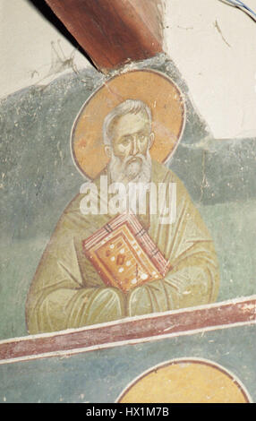 Fresques de l'église Nikita à Banjani, représentant des scènes d'importance religieuse. Ces fresques de style byzantin présentent des représentations vives de saints et des histoires bibliques, reflétant la riche tradition des orthodoxes orientaux Banque D'Images