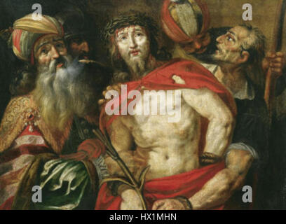 Ecce Homo, une peinture emblématique du XVIIe siècle, représente le Christ couronné d'épines, reflétant les thèmes de la souffrance et de la rédemption dans Christian compris L'œuvre met l'accent sur la profondeur émotionnelle à travers des contrastes de couleurs vifs et un éclairage dramatique, caractéristique du baroque articulé Banque D'Images