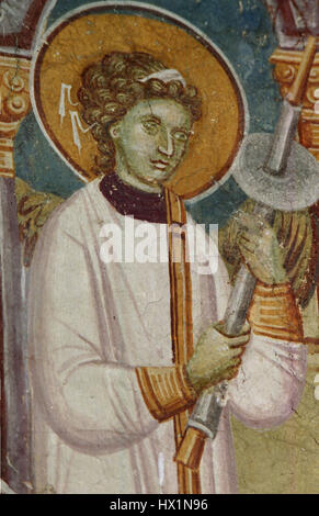 Les fresques de l'église Nikita de Banjani sont remarquables pour leurs thèmes religieux, représentant des scènes bibliques dans un style traditionnel et vif du chrétien orthodoxe oriental Banque D'Images