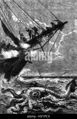 Dans le roman de Jules Verne « vingt mille lieues sous la mer », le calmar géant est une créature importante, symbolisant les créatures mystérieuses et dangereuses qui habitent les profondeurs de l'océan. La scène où le capitaine Nemo et l’équipage rencontrent le calmar reste l’un des moments les plus emblématiques du livre, soulignant l’imprévisibilité de la mer et du monde naturel. Banque D'Images