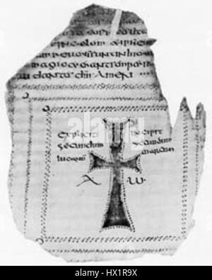 Codex Usserianus Primus est un manuscrit important de la période médiévale, contenant des textes chrétiens primitifs. Folio 149v présente une représentation d'une croix, symbolisant la foi chrétienne et la spiritualité. Le manuscrit met en évidence l'art, l'écriture et l'iconographie chrétiens primitifs. Banque D'Images